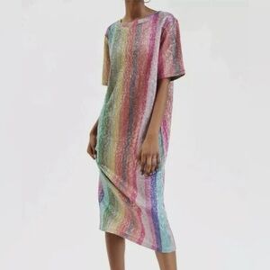 Zara Rainbow Sequin Stripe TShirt Dress - Multicolor
